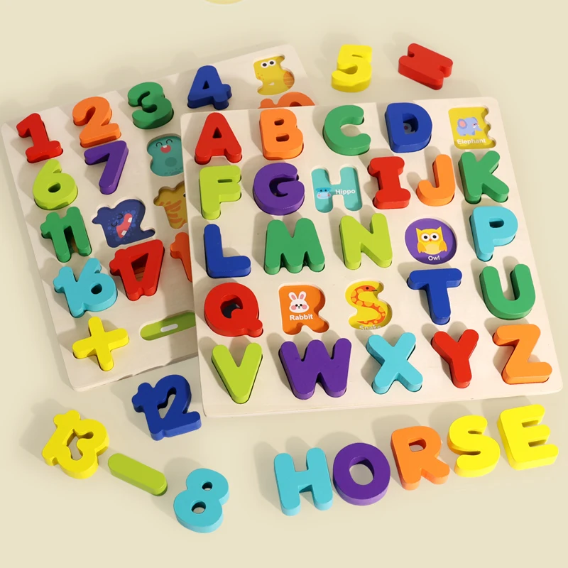 1 قطعة لعبة ألغاز خشبية لتعلم الأبجدية مع أنماط حيوانات كرتونية لوحة بناء تعلم الكلمات للأطفال من سن 3 سنوات فما فوق