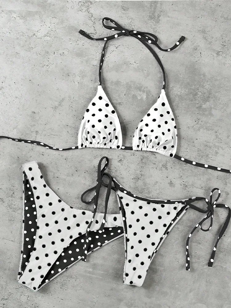 

Сексуальный купальник-бикини с кружевной шнуровкой и принтом в горошек, женский раздельный купальник для пляжа, бразильское бикини 2026, новинка, на все сезоны, с открытой спиной, комплект из 3 предметов