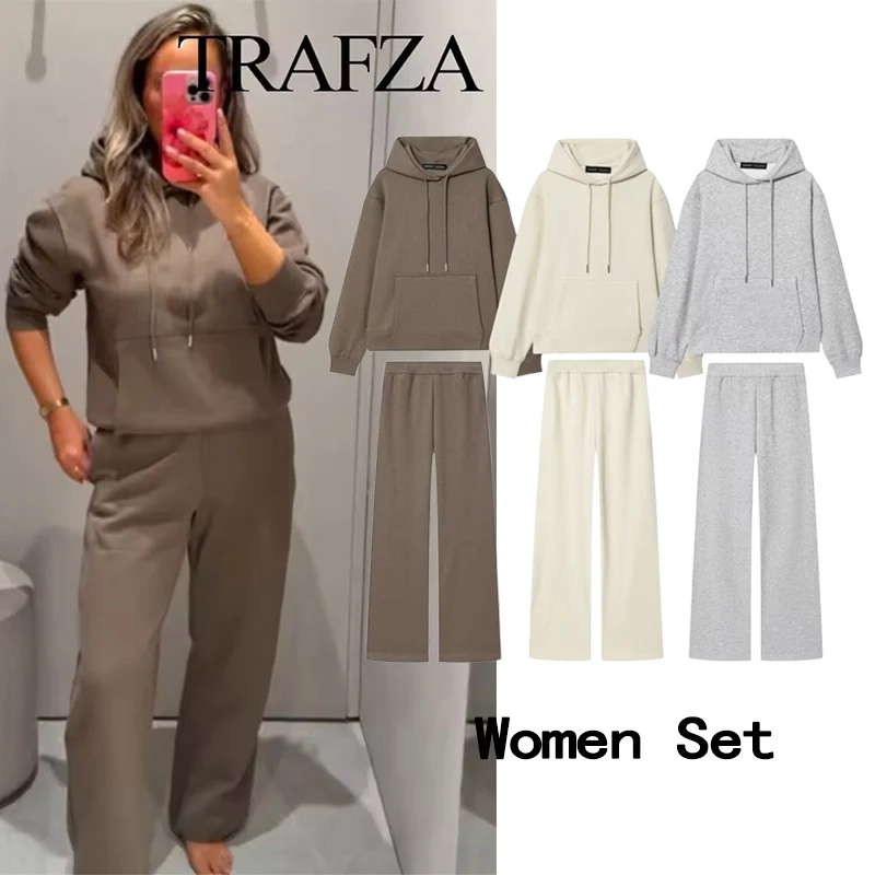 

2025 осенне-зимние комплекты фланелевых брюк для женщин, комплект из 2 предметов, однотонная теплая толстовка с капюшоном + брюки с высокой талией, повседневный женский наряд