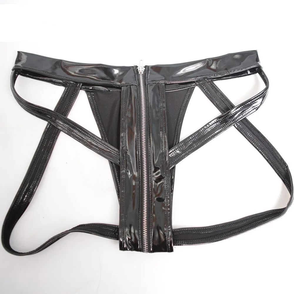 Men Sexy Briefs Customized Faux Leather T Shorts Strapes Full Zip Crotch Black Stylish