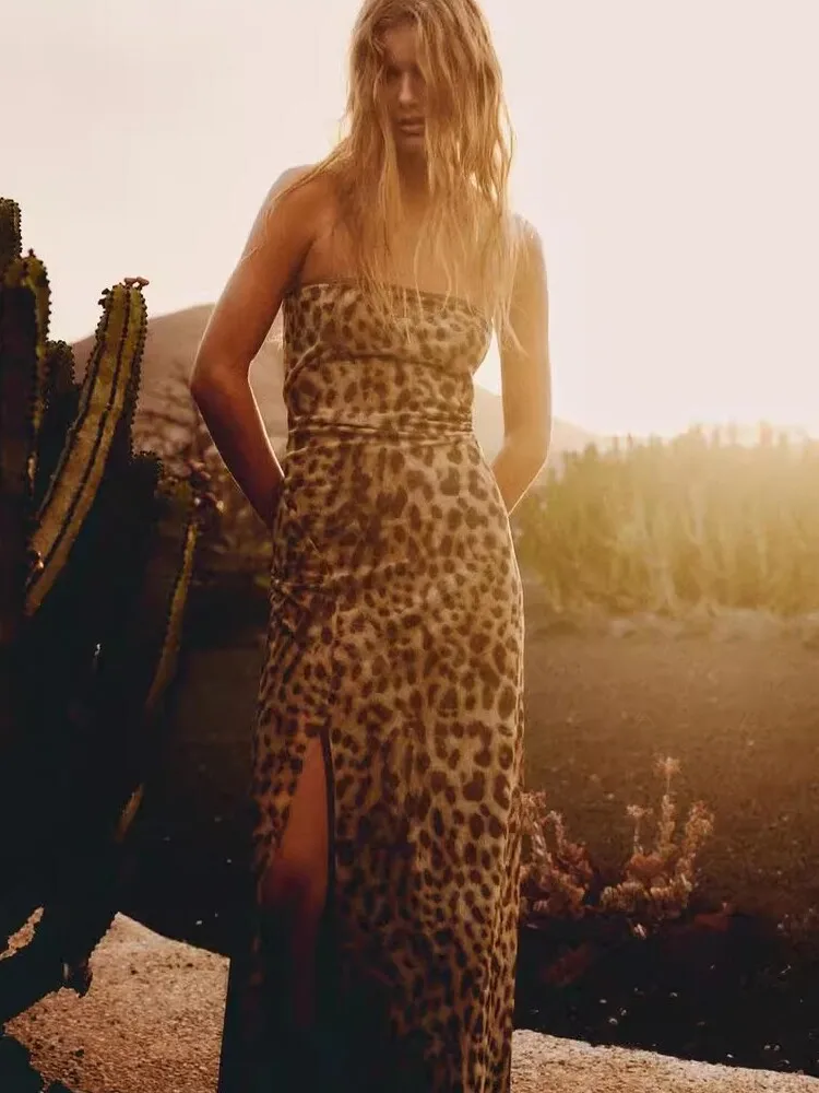 

Spring Summer New Sexy Leopard Print Silk Net Tube Top Bodycon Dr Women's 5039470 05 H-Line One-oulder Svel Gown