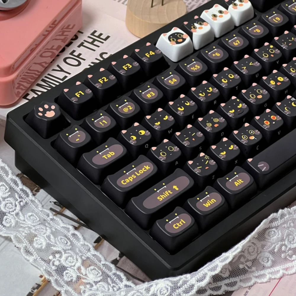 

142 Keys Cute Black Cat Keycaps MAO Profile Dye-Sublimation Keycaps PBT Key Cap For 61/64/68/84/75/87/96/104 Mechanical Keyboard