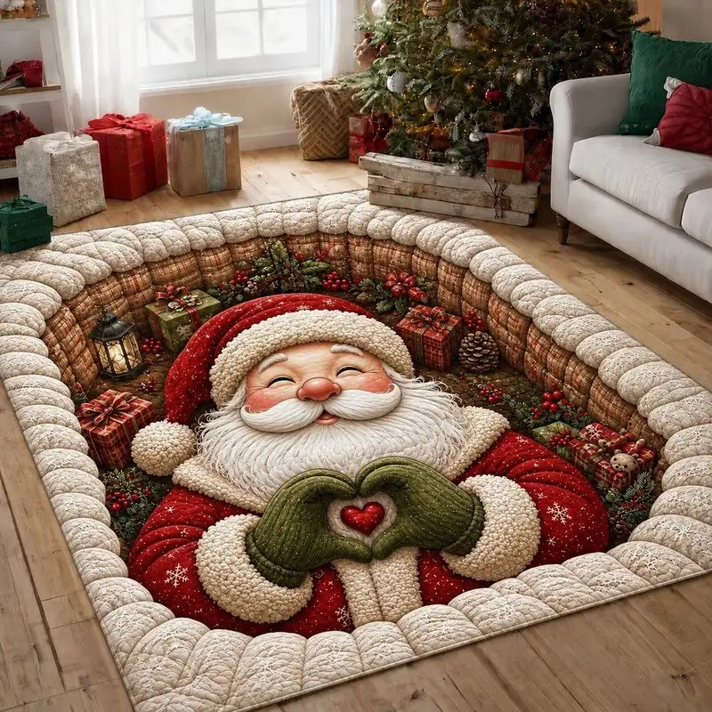 VIKAMA Christmas Santa Area Rug Heart Shape Quilted Frame Red Green Living Room Floor Carpet Cozy Winter Holiday Decor Gift