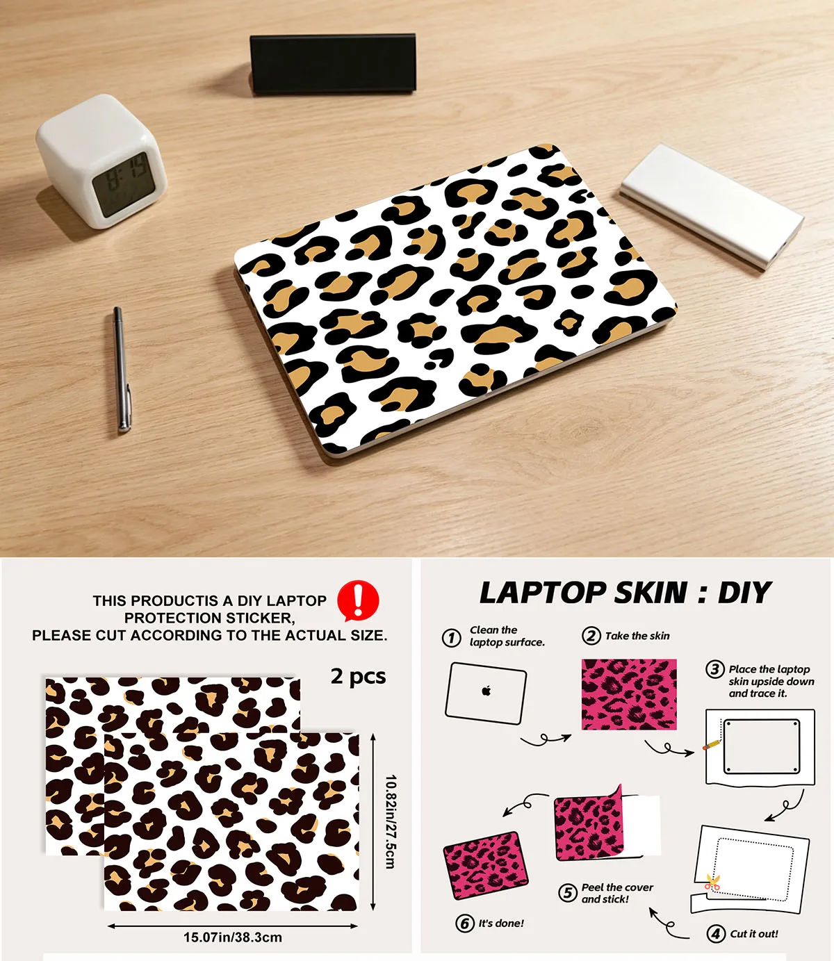 Wild Animal Leopard Tiger Print Laptop Skin Stickers Scratch Resistant Resizable 15.07*10.82 Inch Notebook Protective Sticker