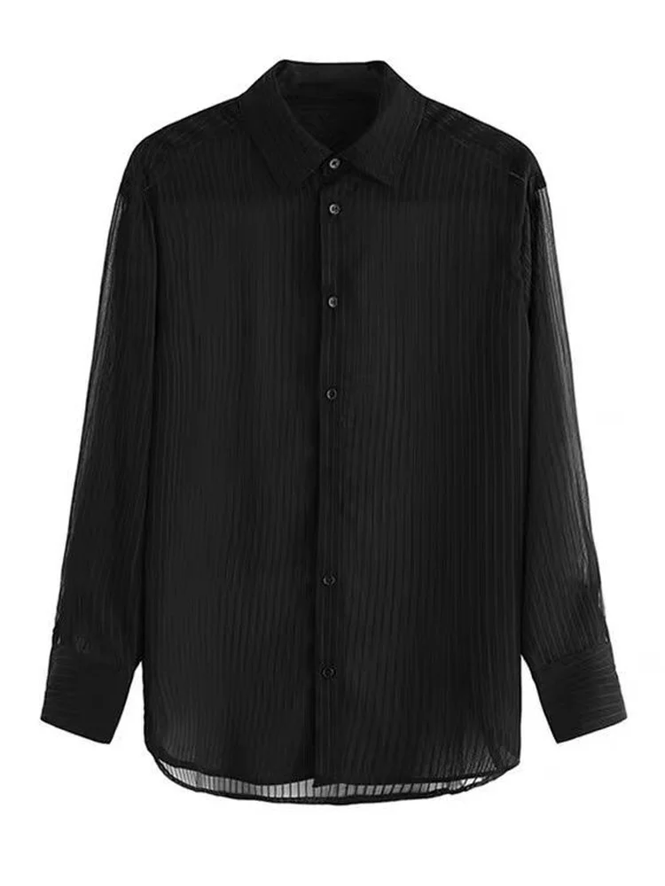 2024 New Women Striped Blouse Shirts Fashion Black See Through Button Turn-down Collar Top Harajuku Oversized  Sexy Shirt