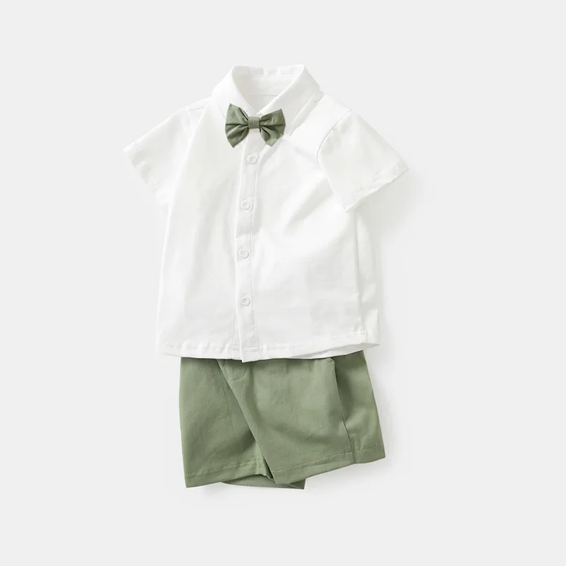 Baby Clothes Set Boy Suit Summer Infant Formal 4-piece Suit White Shirt + Avocado Green Short Infant with Hat Socks