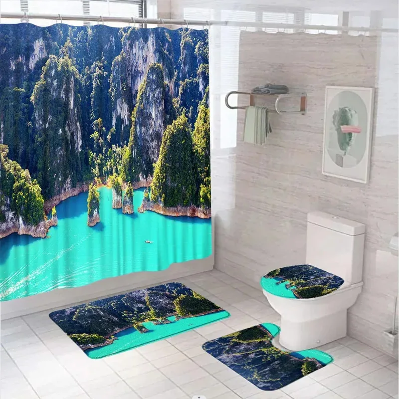 

ODF36Natural Scenery Coastal Shower Curtain Set Blue Sea Islands Landscape Bathroom Curtains Non-Slip Bath Mats Rug Lid Toil8Yu$