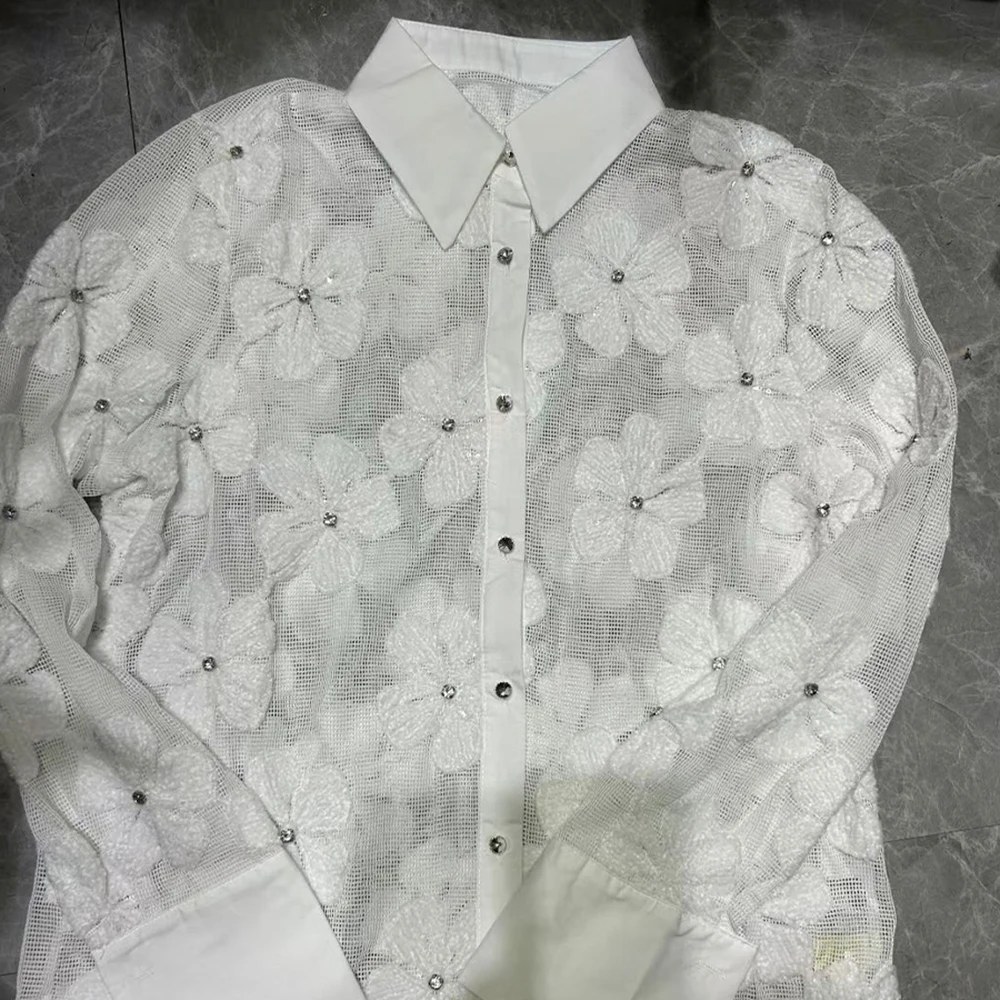 TWOTWINSTYLE Solid Spliced Diamonds Loose Blouse for Women Laple Long Sleeve Temperament Chic Shirts Female Autumn NewKBL551212