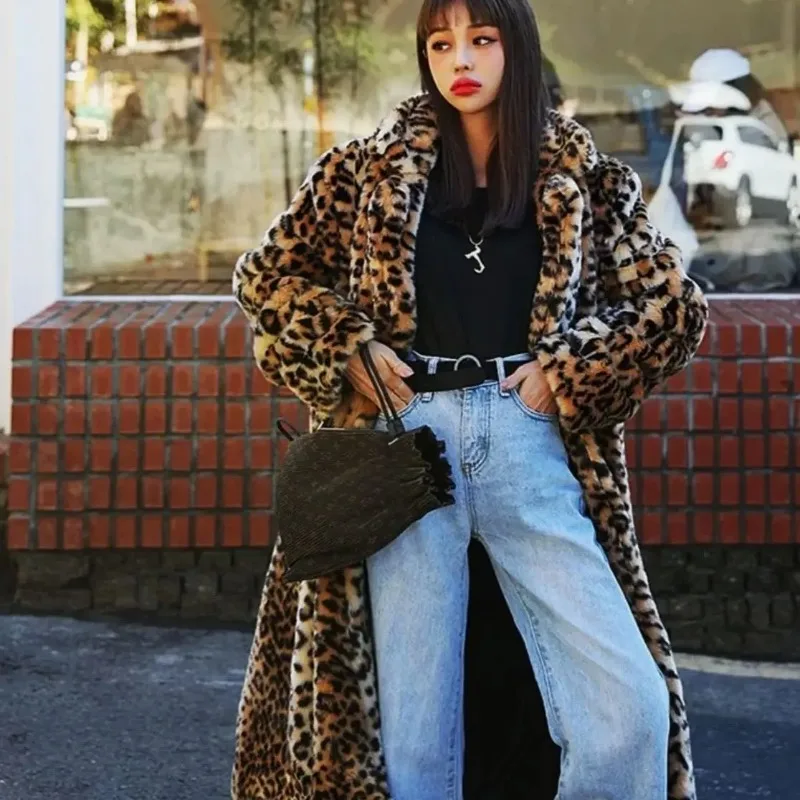 Women Imitation Fox Fur Leopard Printed Trench Coat X-Long Thickened Turn Down Collar Bomber Jacket Autumn Winter Parka Cardigan