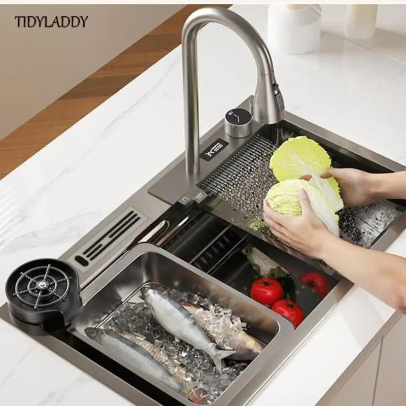 

Nano Kitchen Sink Waterfall Faucet High Multi-Function Digital Display Waterfall Sink Quality Stainless Steel Large Single Slot