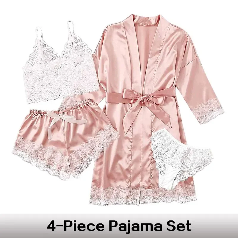 Women\'s Summer Sexy Pajama Pants Set 4 Pieces Lace Satin With Silk Sleepwear Robe Fashion And Comfortable Nightwear