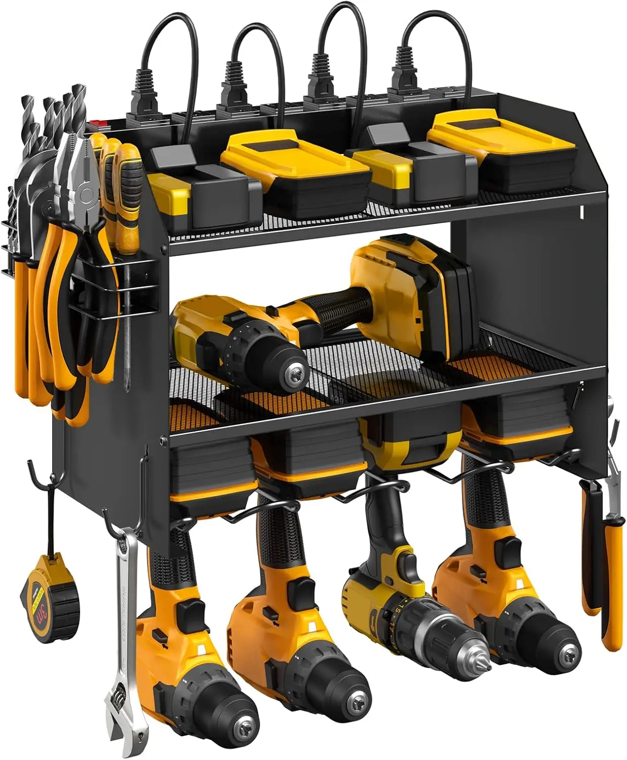 Modular Power Tool Organizer Wall Mount with Charging Station. Garage 4 Drill Storage Shelf with Hooks, Screwdriver