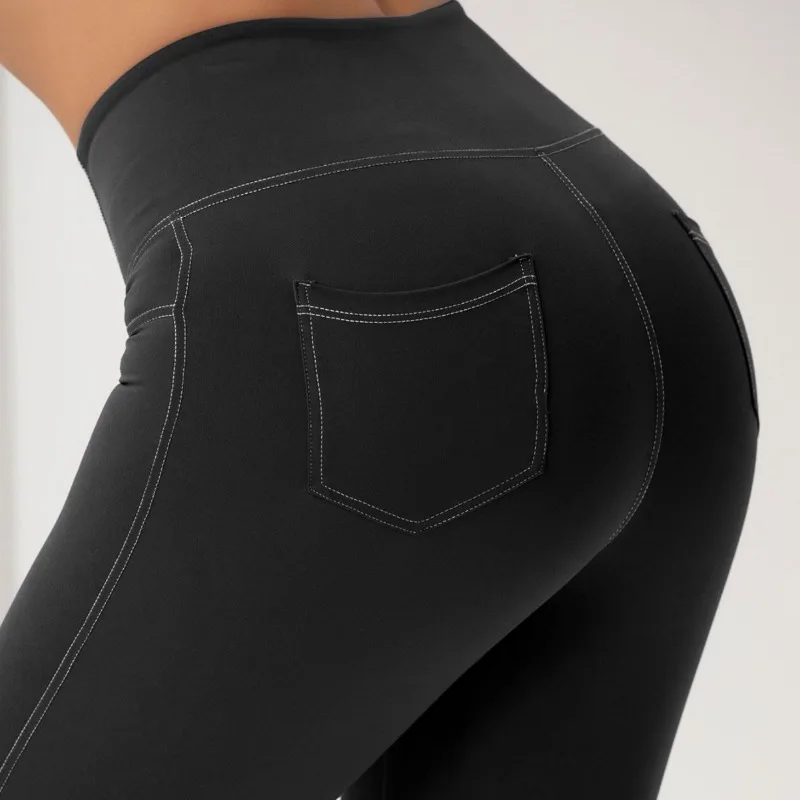 طماق اليوغا الجينز التقليد للنساء ، مرونة عالية ، ضئيلة ، ارتفاع الخصر ، رفع الأرداف ، الرياضة واللياقة البدنية