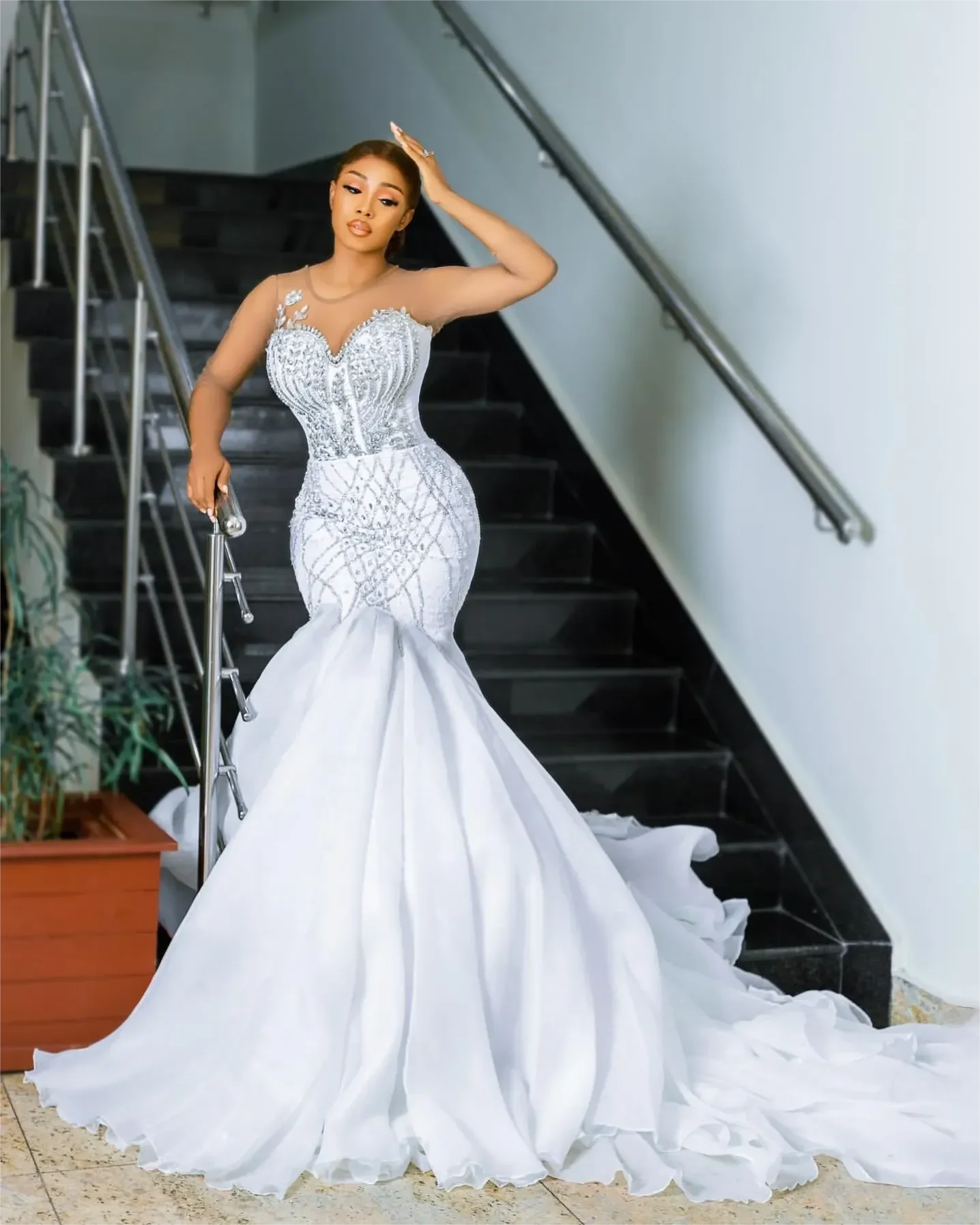 Customized Plus Size Mermaid Wedding Dress in Ivory with Full Sleeves Crystals Beaded and Organza Fabric For Bride