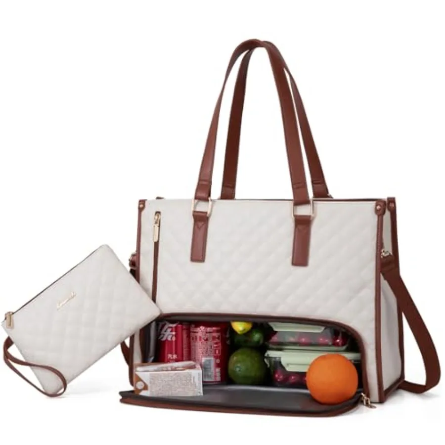 

Lunch Tote Bag for Women Laptop Bag with Insulated Lunch Compartment Quilted Large Capacity Computer Handbag with Purse for Bus