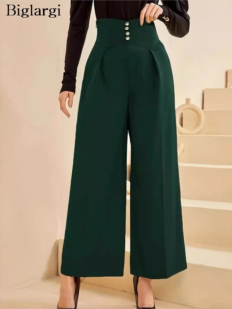 Plus Size High Waist Spring Summer Long Wide Leg Pant Women Casual Loose Pleated Fashion Ladies Trousers New Green Woman Pants