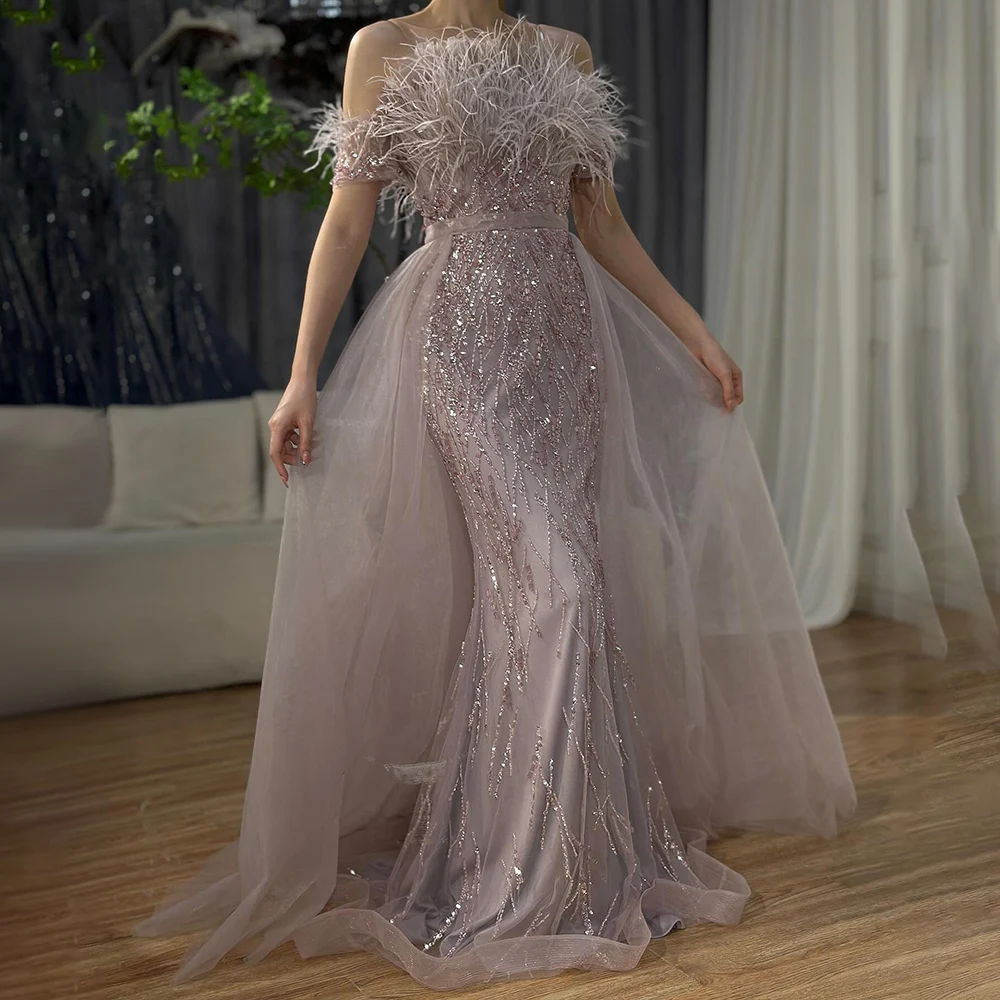 Serene Hill Dubai Beaded Blue Mermaid Elegant Overskirt Evening Dresses  Gowns 2025 For Party LA71634 Customized