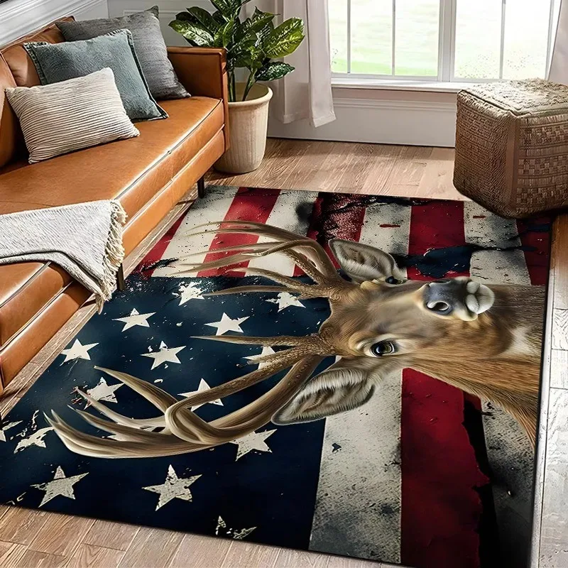 Flag Deer Pattern Carpet for Living Room Felt Rug Soft Floor Bathroom Rugs Yoga Mat Home Decorative 100% Polyester Area Doormat