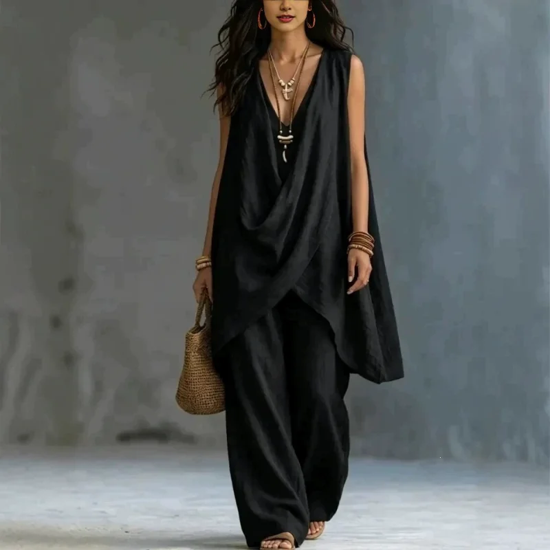 Linen Pant Wide - Women Solid Sleeveless Draped V Neck