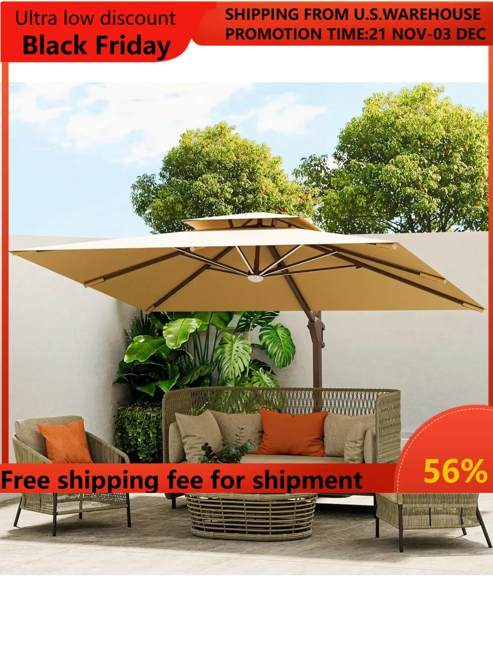 10 X 13 FT Cantilever Outdoor Patio Umbrella Rectangular Umbrellas with Led Lights Large Heavy Duty 360° Rotation Double Top Off