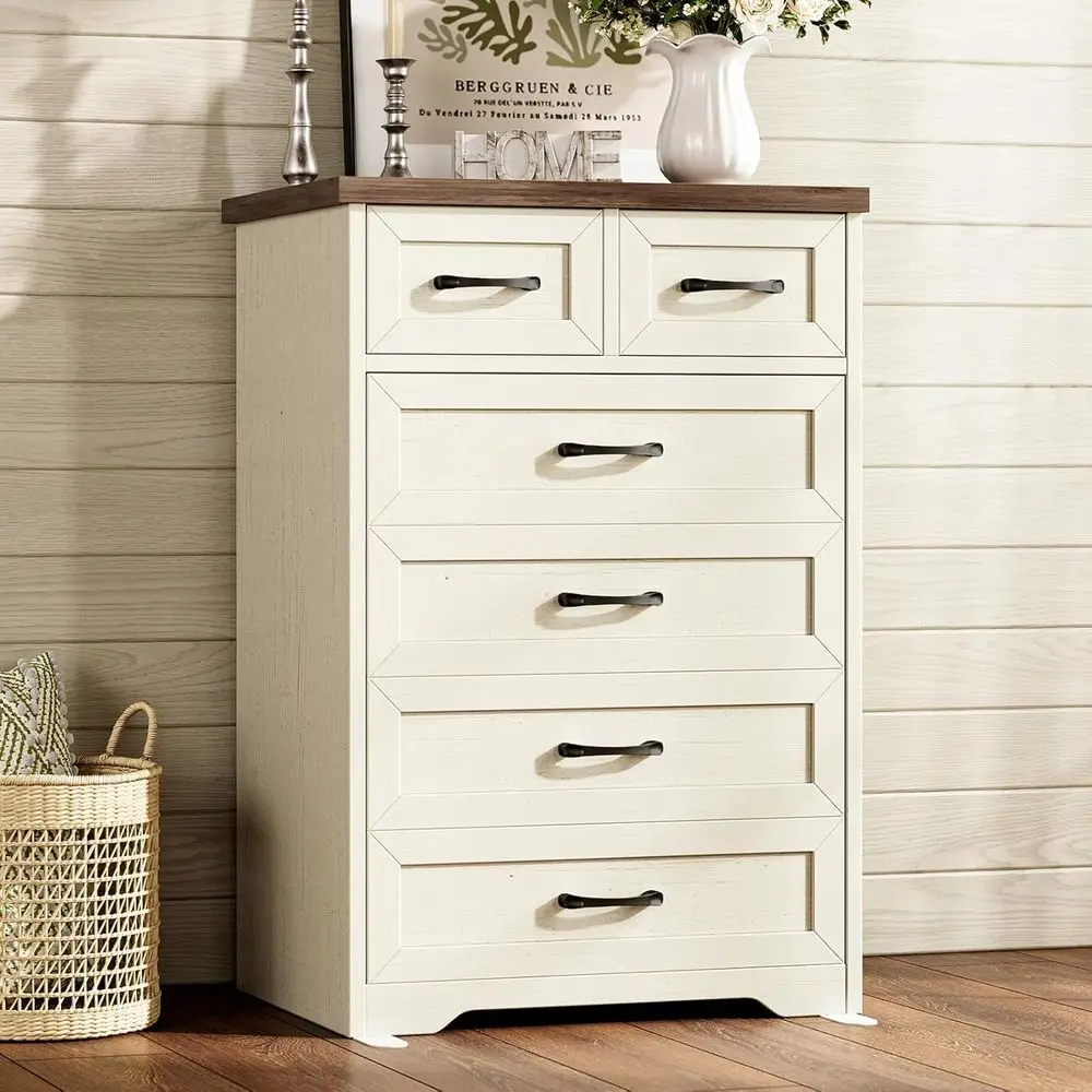 

6-Drawer Tall Bedroom Chest with 5-Tier Storage, Engineered Wood, Anti-Tip, Country Style, Walnut & Vintage White
