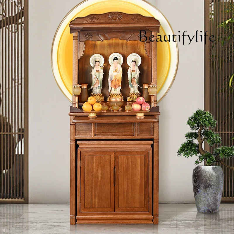 Solid wood gold silk teak shrine offering table, shrine home living room offering Buddha cabinet, modern simple Chinese style