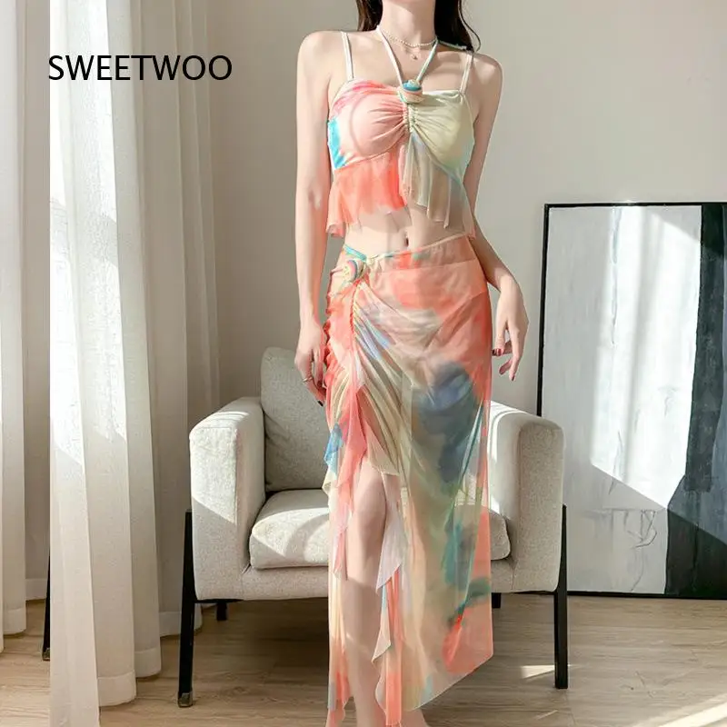 Women 3 Piece Halter Bikini Set Ruffled Tank Bikini Top High Waist Swim Bottom With Printed Sheer Split Maxi Skirt For Beach