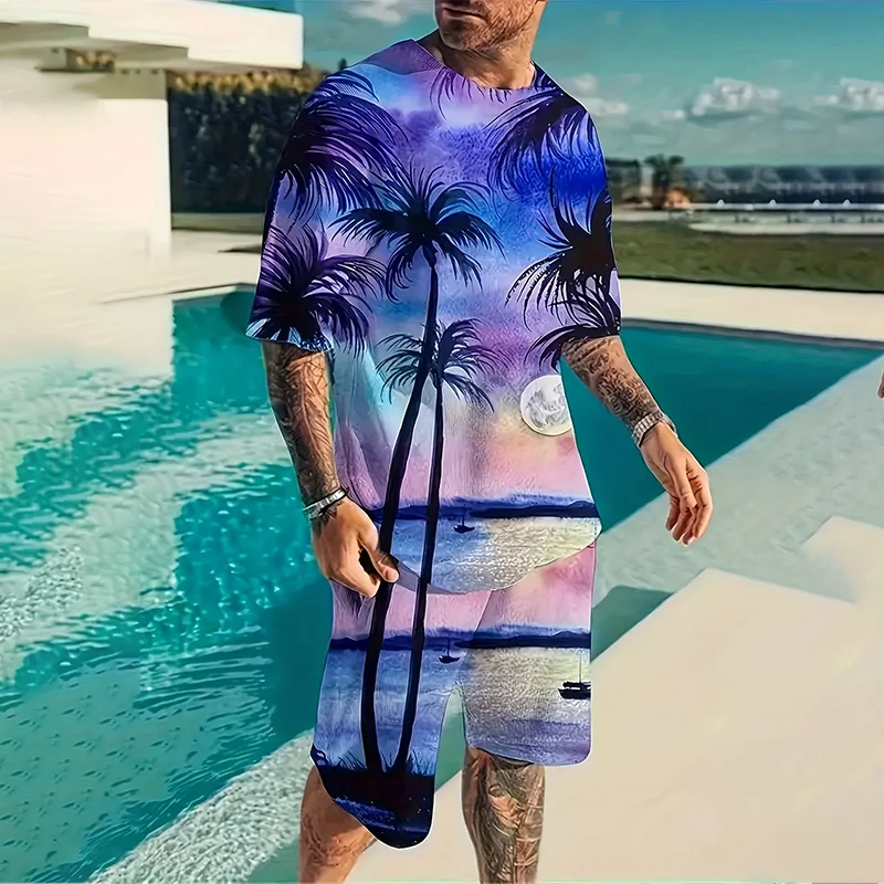 Fashionable Men's Set Beach-style 2024 Oversized Men's Loose Top Summer Casual Breathable Refreshing Set Printed 3D Coconut Tree