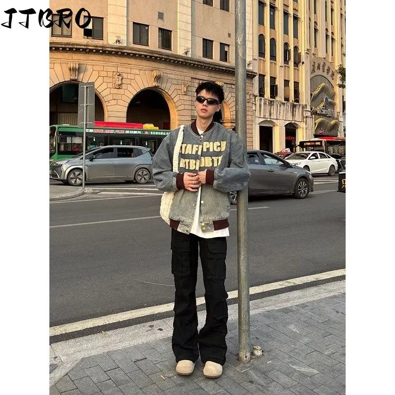 

American Street Style Patch Denim Baseball Uniform for Unisex Spring and Autumn Embroidered Letters O-neck Long Sleeve Loose Top