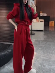 유행하는 캐주얼 여성 세트 2026 가을 겨울 신상 심플 후드티 나이프 팬츠 투피스 세트 폴리에스터 섬유 긴팔