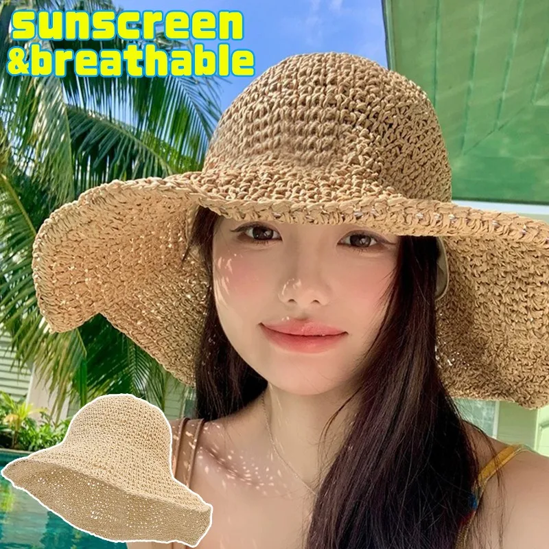 

New Foldable Straw Sun Hat for Women Straw Wide Brim Fisherman Hat UV Protection Beach Summer Packable Cap Travel Accessories
