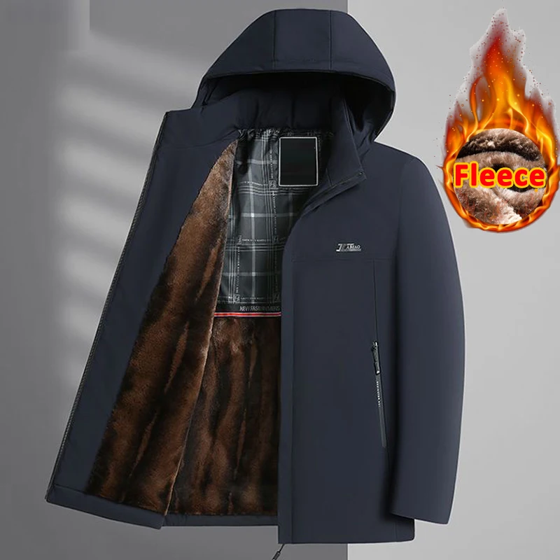 L-3XL Hooded Men's Winter Jacket Coat Fleece Lining Warm Snow Ski Working Coats Outdoors Windbreak Parkas with Zipper Pockets