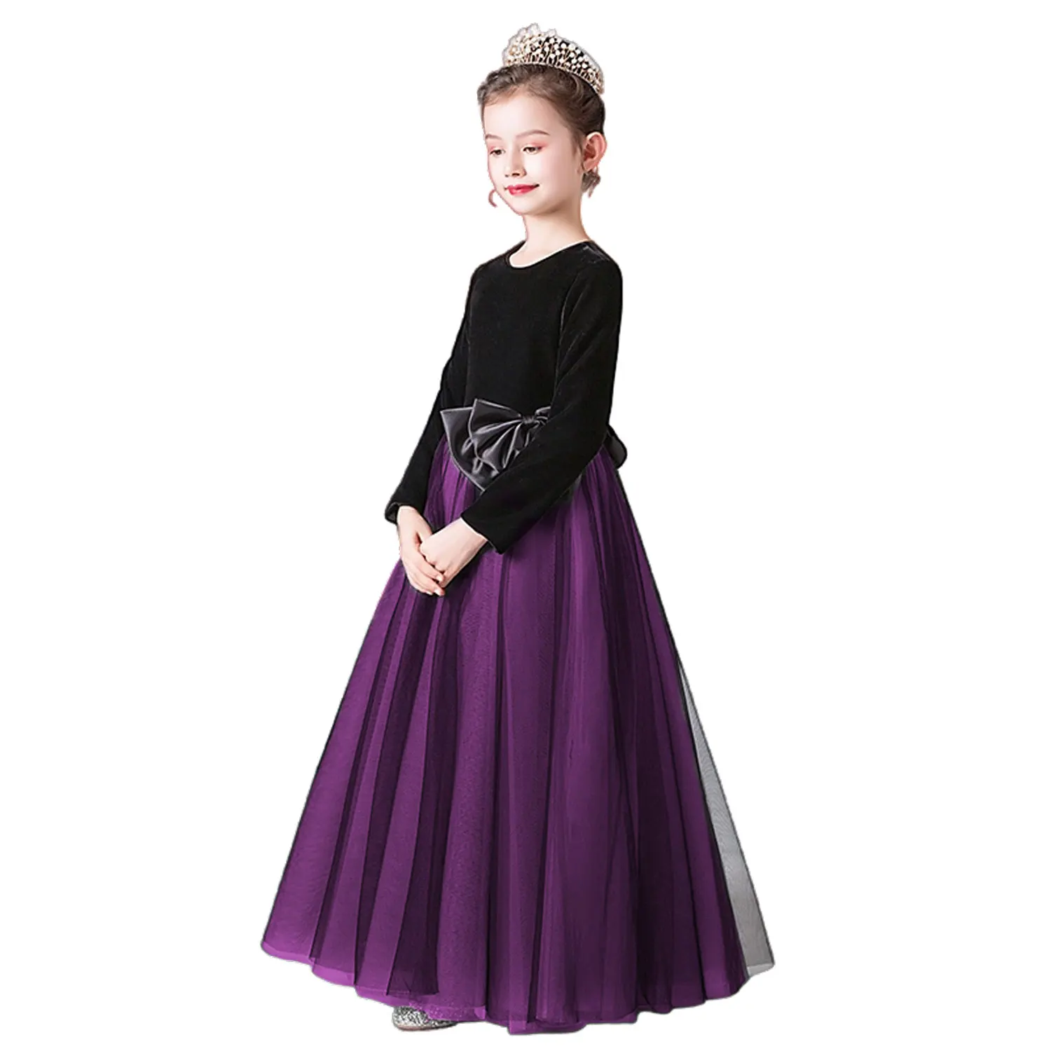 Dideyttawl Long Sleeves Velvet Tulle Girl Dresses Princess Dress For Wedding Birthday Party Junior Pageant Gowns