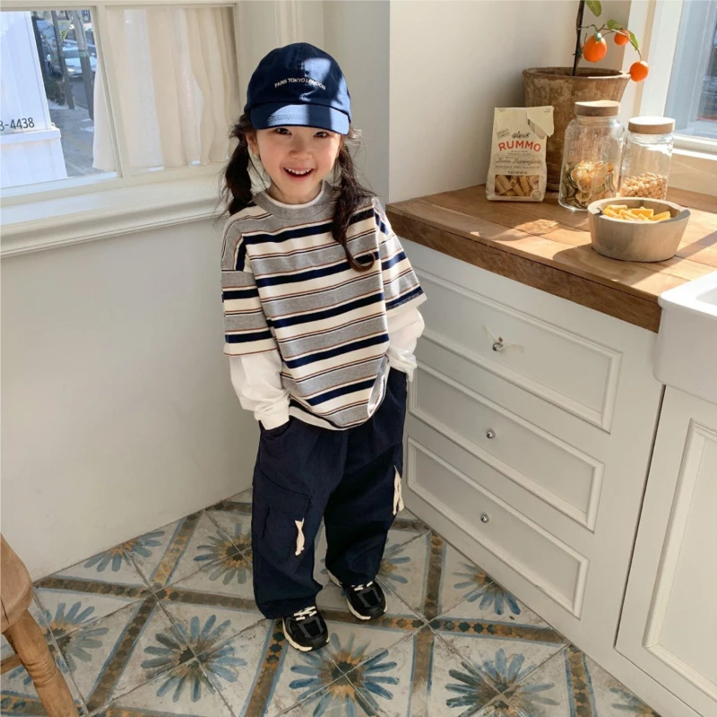 

2025 Autumn New Children's Fashion Striped Pure Cotton Casual Fake Two Retro T-shirts