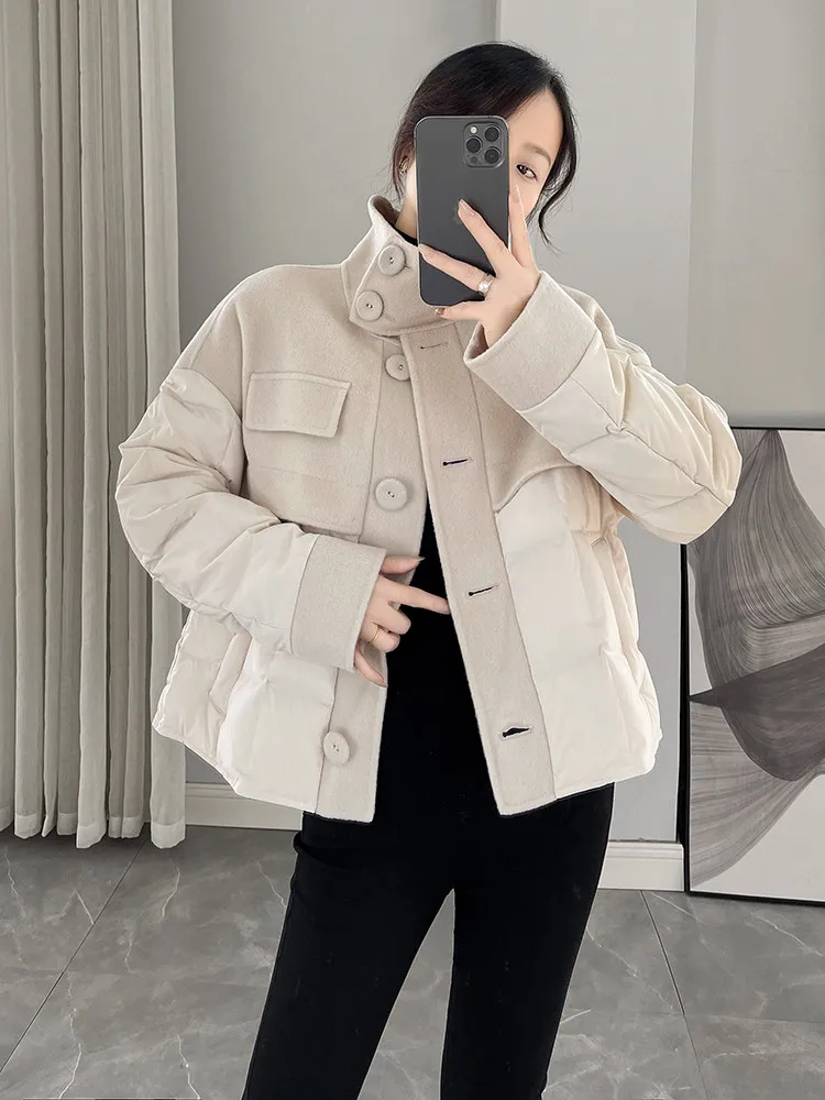

Модная укороченная куртка-пуховик с воротником-стойкой, новая зимняя универсальная легкая куртка из белого утиного пуха для женщин