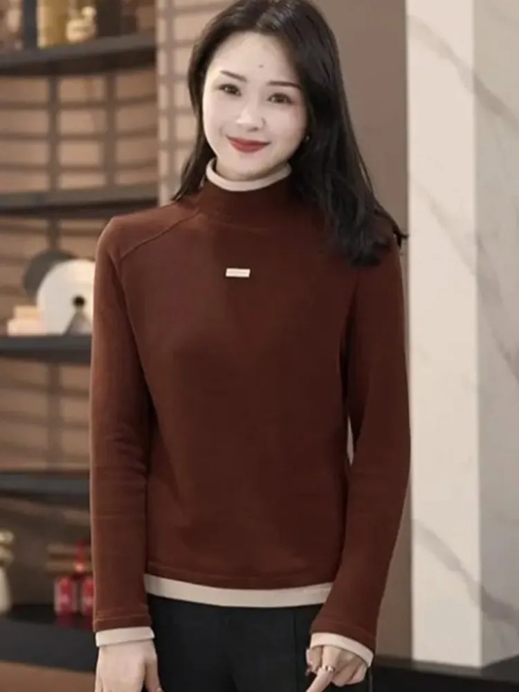 

Теплый внутренний слой с цветовыми блоками, длинный рукав, полувысокий воротник, модный простой женский топ, стильный высококачественный трикотаж, комфортный.