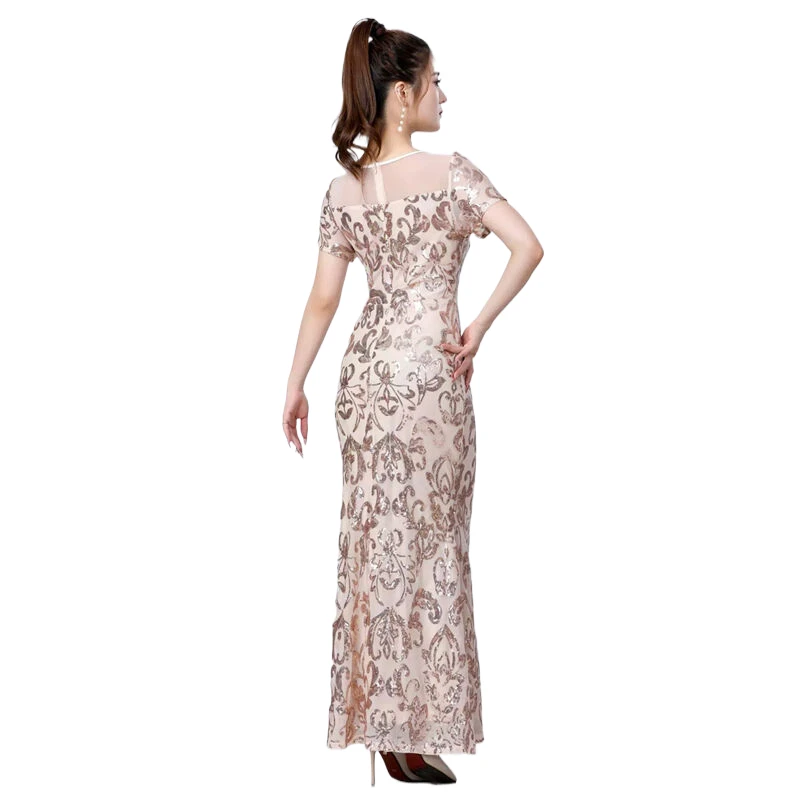 Damen Pailletten-Meerjungfrauenkleid, langes Abendkleid, kurze Ärmel, formelles Kleid für Party, Bankett, Bühnenauftritt, Hochzeitsgast, Maxikleid – Detail 7