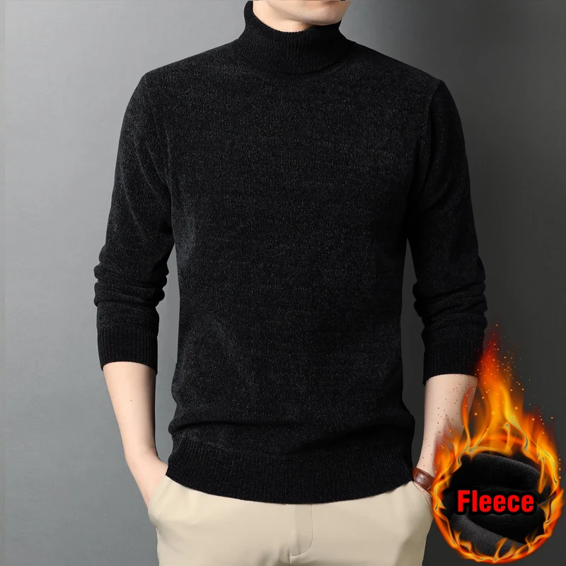 Winter Men's Thick Warm Turtleneck Sweater Fashion Casual Chenille Fabric Fleece Pullover Sweater Male Brand Clothes