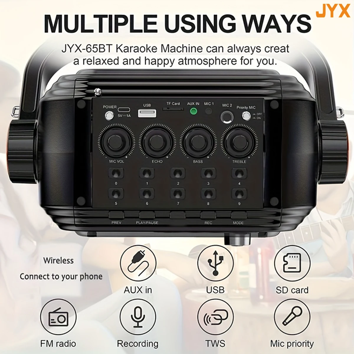 Portable Karaoke Speaker with Bt, Usb, Tf Card, Fm, Recording, with Reverb Function Led Karaoke Machine with Two Wireless Microphone Supports Bt/Usb/Aux/Tf Port Portable Bluetooth Speaker Adjustment Pa System