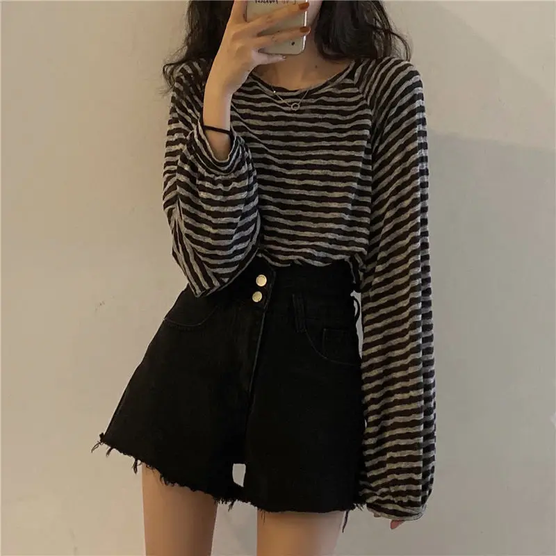 Gidyq Korean Women Striped T Shirts Fashion Streetwear All Match Female Long Sleeve Tops Casual Student Loose Tees New