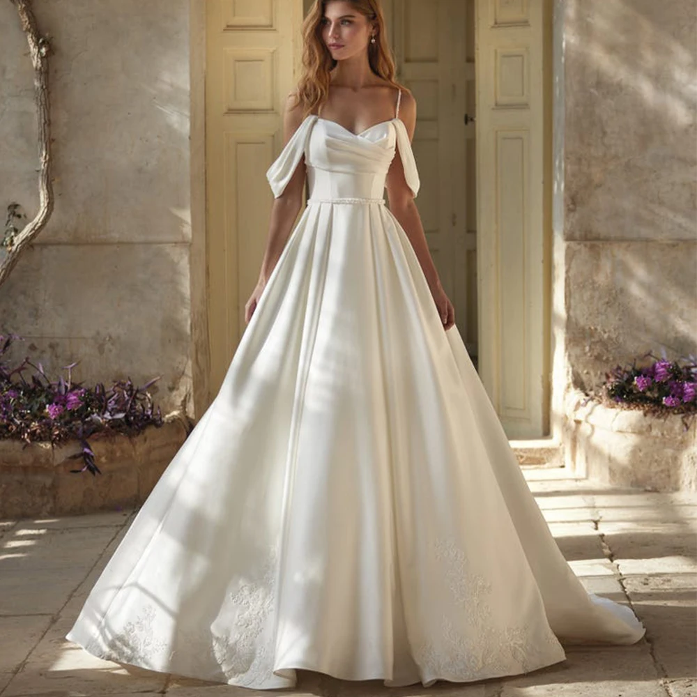 Elegant A-Line Satin Applique Wedding Dress Spaghetti Straps and Off the Shoulder Short Sleeves with Pleat and Belt Bride Gowns