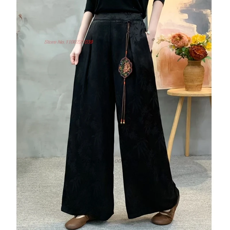 

2025 китайские винтажные брюки, традиционные народные брюки с цветочной вышивкой, брюки в стиле ретро с эластичной резинкой на талии, атласные жаккардовые этнические брюки