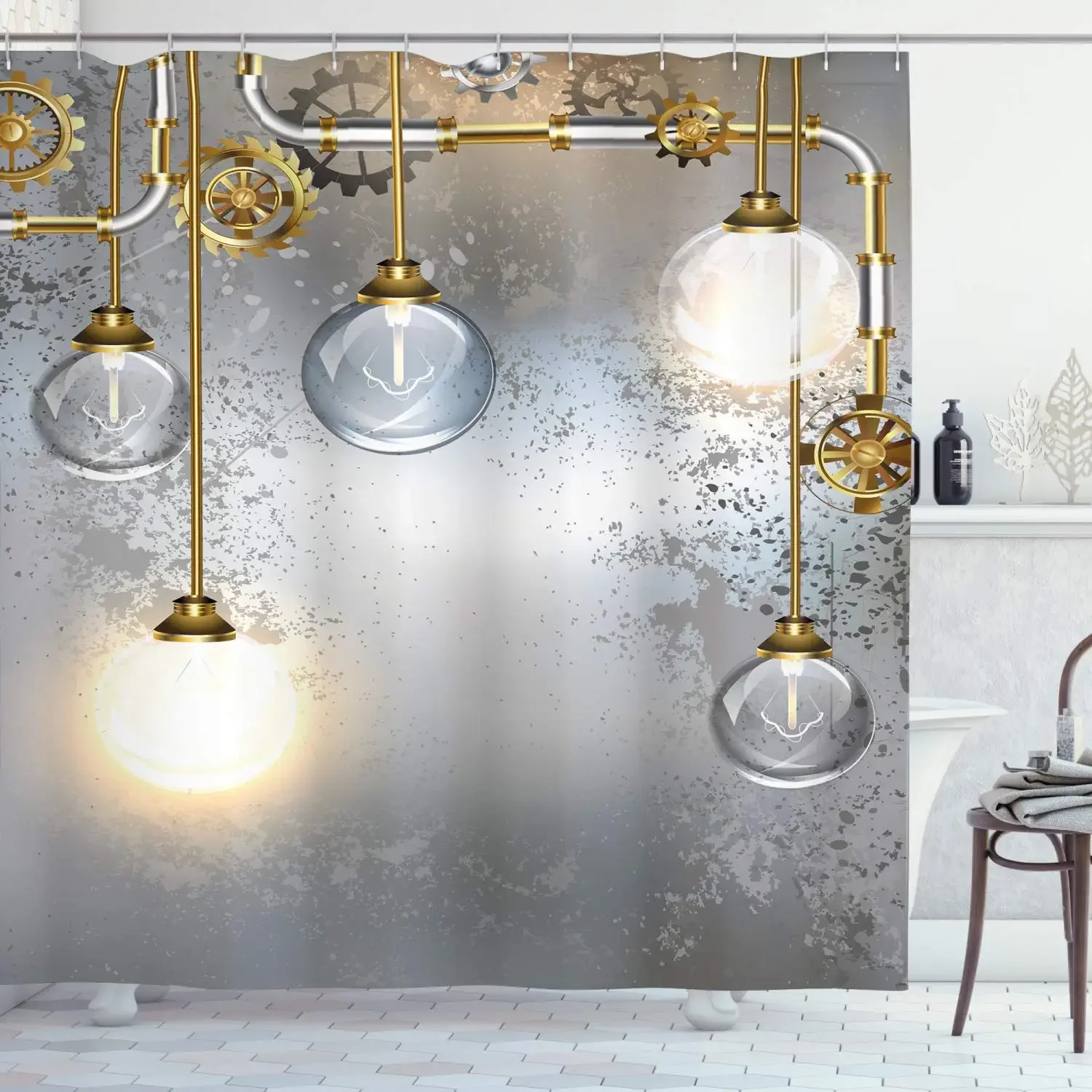 Industrial Shower Curtain Steampunk Style Antique Composition Brass Fastening Round Bulb Cloth Fabric Bathroom Decor with Hooks