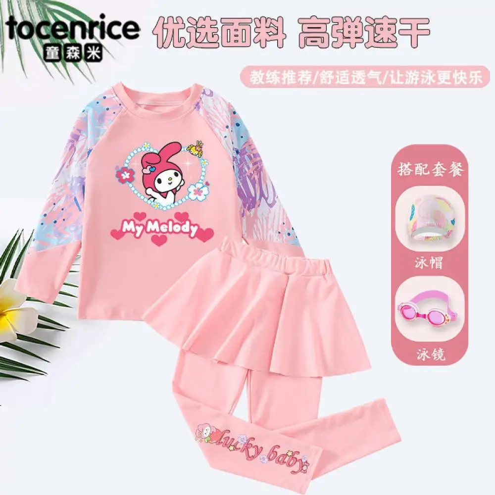 

Children's Sunscreen Swimwear Sanrios Cartoon My Melody Long Sleeve Split Set Professional Quick-Drying Girls Swimsuit Beachwear