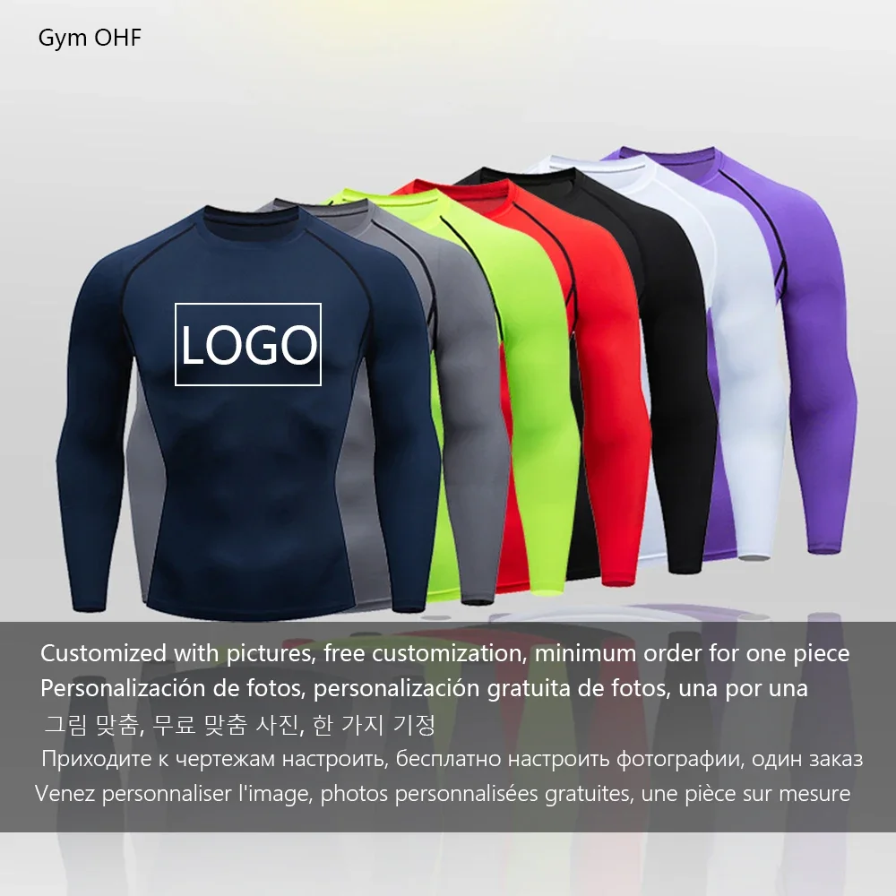 Men T Shirt Customizable LOGO Gym Rashguard Men Tight Sportswear Running Training Leggings Tops