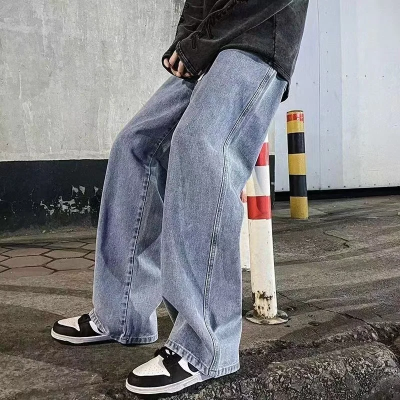 2023New Streetwear pantalones vaqueros sueltos hombres estilo coreano moda suelta recta pantalones de pierna ancha ropa de marca para hombres negro azul claro