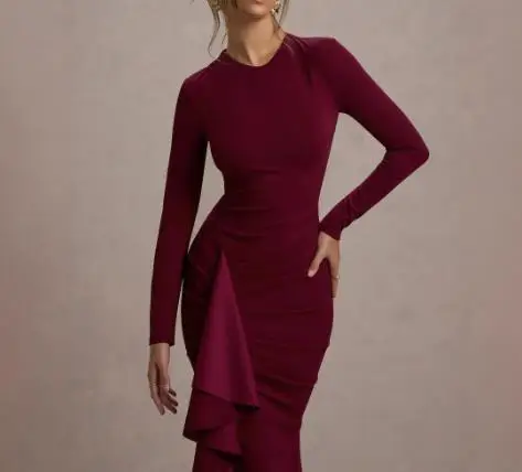

Women's Dress 2025 Fashion Casual Y2K Simple Style Unique Hot Girl New Women's Irregular Pleated Long Sleeved Slim Slit Dress