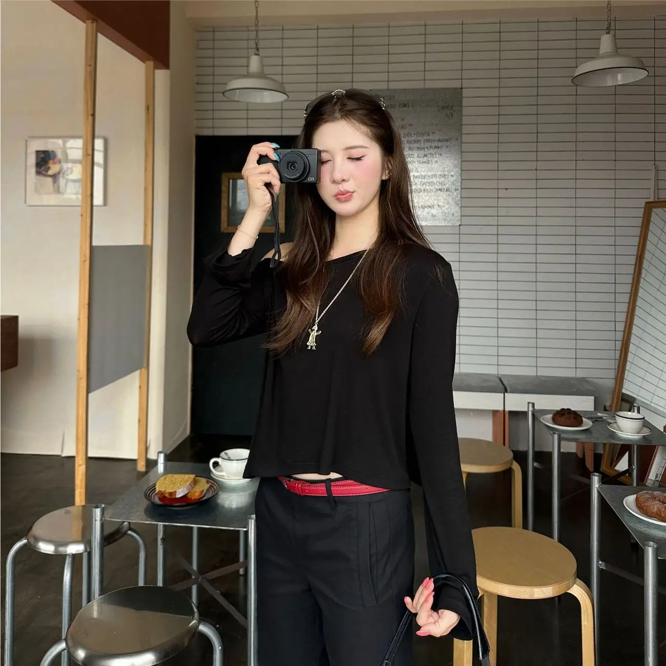 Summer New Soft Modal Long Sleeve T-Shirt Women's Short Style Slimming Versatile Trendy Shoulder Angle Three Colors Commute S...