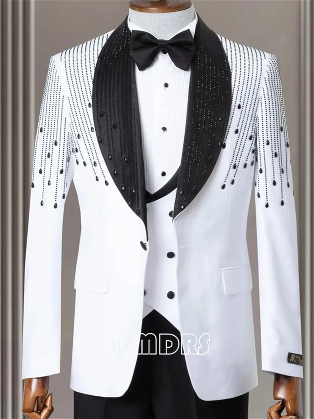 Premium Handmade Men's Suit - Luxury Tailored 3-Piece Wedding Tuxedo with Beads Business Formal Blazer Vest Pants, Custom Fit