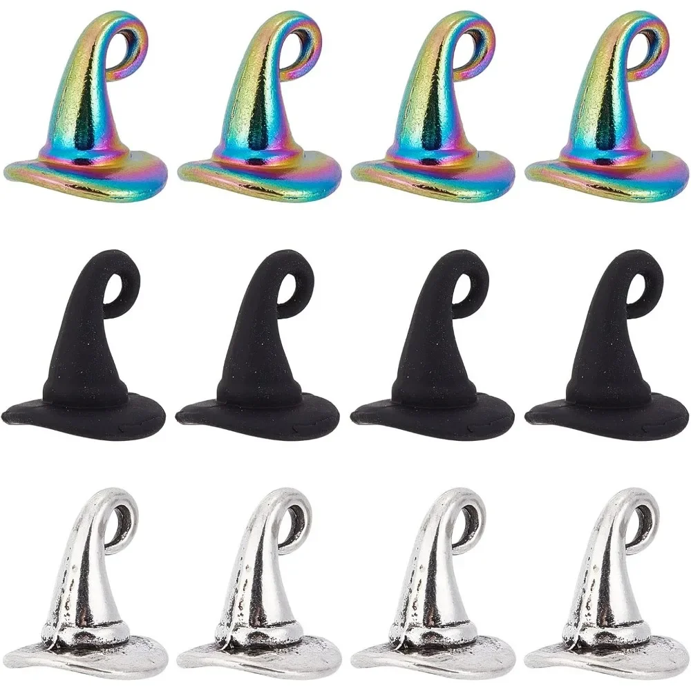 1 Box 60Pcs 3 Style Wizard Hat Charms Witch Hat Charm Halloween Imitation Black Magic Hats Charms Antique Silver Rainbow